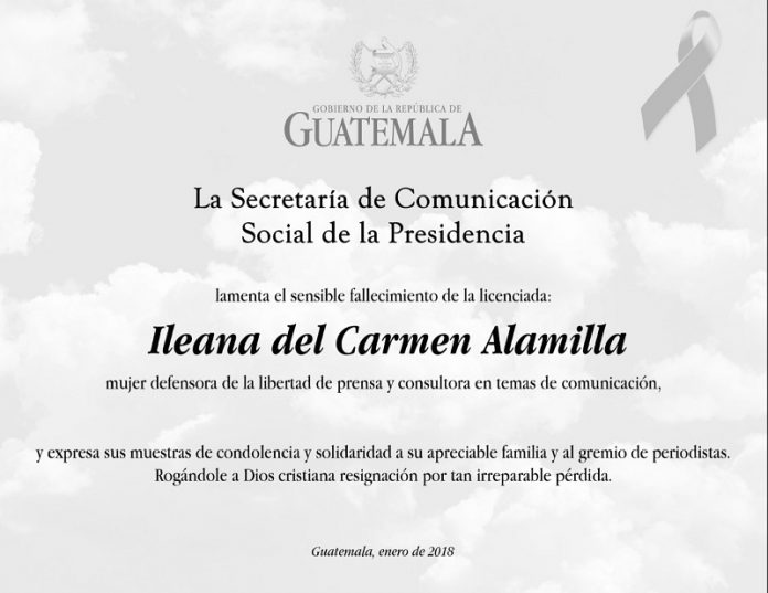 Gobierno de Guatemala expresa pesar por fallecimiento de periodista Ileana Alamilla