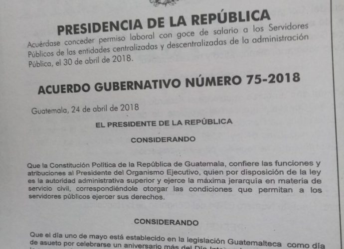 Gobierno de Guatemala oficializó permiso laboral para el 30 de abril previo al día Internacional del Trabajo