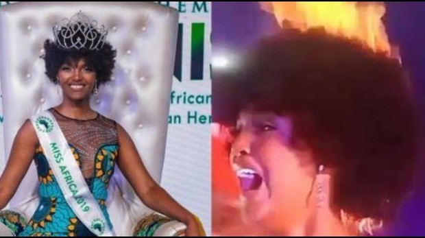 Impactante vídeo en el que el pelo de Miss África comienza a arder al ser coronada
