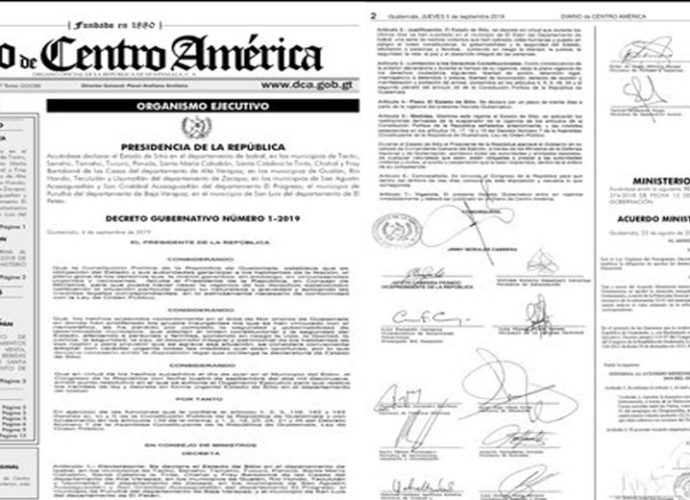 Estado de Sitio: Diario Oficial publica el Decreto Gubernativo número 1-2019