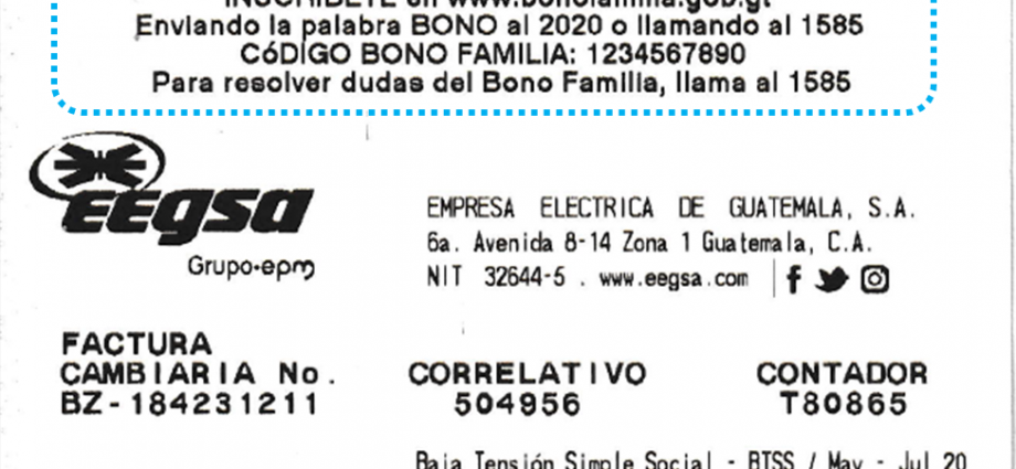EEGSA incluirá en sus facturas indicaciones  para los candidatos al Bono Familia