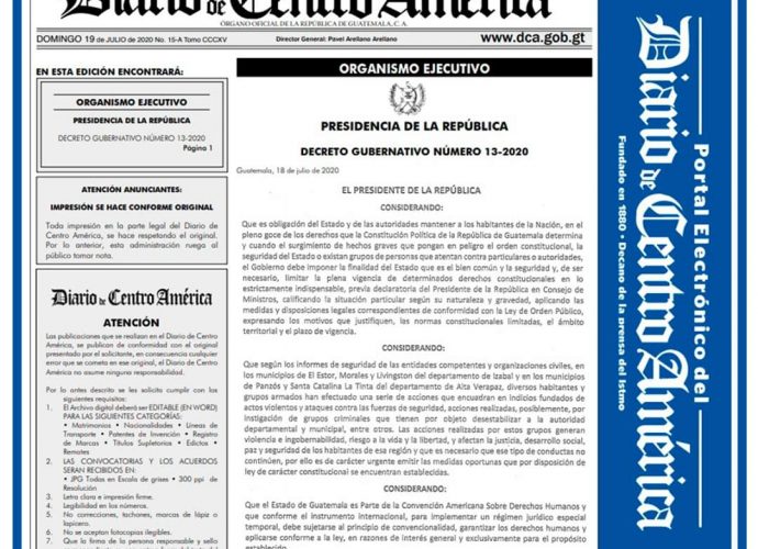 Se declara estado de sitio en los municipios de El Estor, Morales y Livingston, Izabal; y en Panzós y Santa Catalina la Tinta, Alta Verapaz