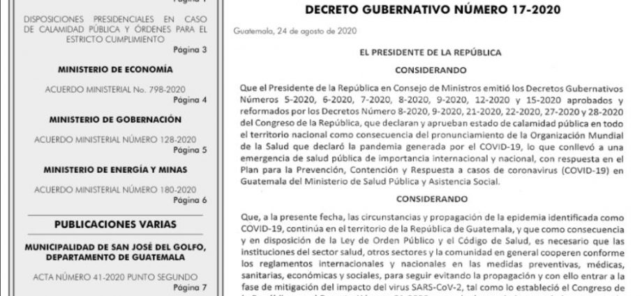 Gobierno publica Decreto Gubernativo 17-2020, que busca la ampliación de 30 días la vigencia del estado de calamidad pública
