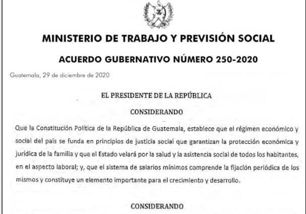 Acuerdo Gubernativo 250-2020 fija Salario Mínimo para el 2021