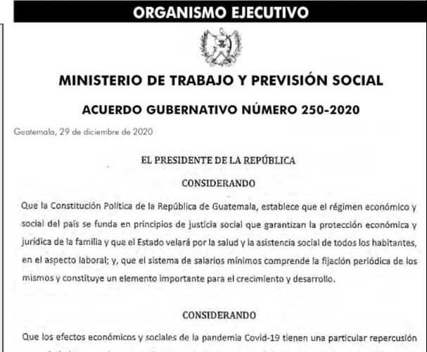 Acuerdo Gubernativo 250-2020 fija Salario Mínimo para el 2021