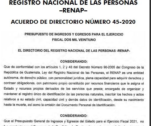 Se publica acuerdo del Presupuesto de Ingresos y Egresos del RENAP