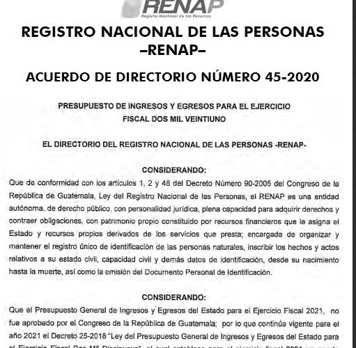 Se publica acuerdo del Presupuesto de Ingresos y Egresos del RENAP