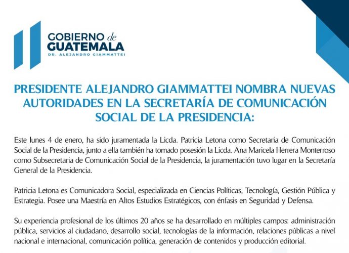 Presidente Giammattei nombra a nuevas autoridades de la Secretaría de Comunicación Social de la Presidencia