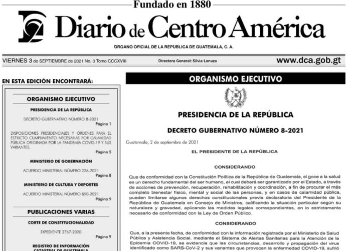 Gobierno oficializa Decreto 8-2021, Estado de Calamidad Pública y Disposiciones Presidenciales para la contención del COVID-19