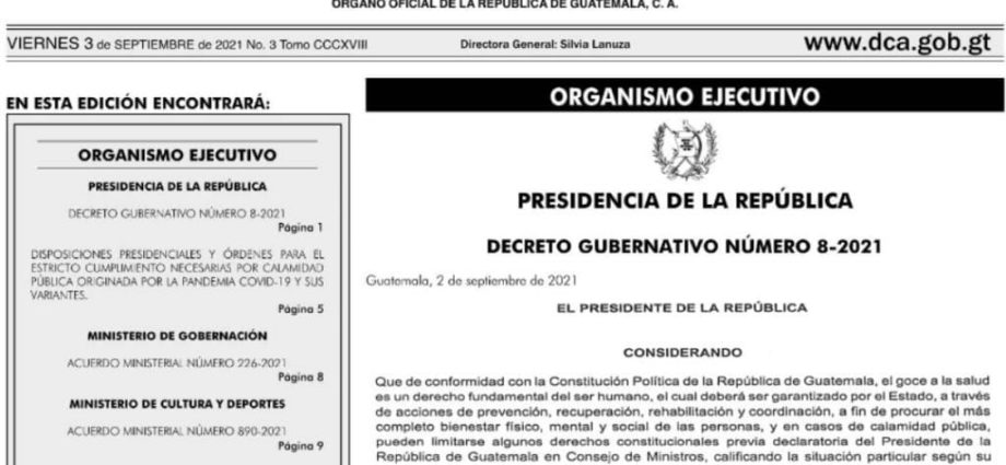 Gobierno oficializa Decreto 8-2021, Estado de Calamidad Pública y Disposiciones Presidenciales para la contención del COVID-19